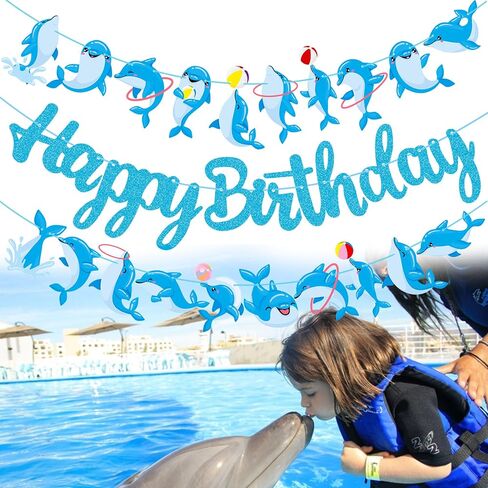 Dolphin Birthday Banner Decorations Dolphin Birthday Party Decorations Supplies Blue Glitter Dolphin Happy Birthday Banner Decorations for Under the Sea Themed Birthday Party Baby Shower Supplies in Saudi Arabia