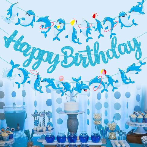 Dolphin Birthday Banner Decorations Dolphin Birthday Party Decorations Supplies Blue Glitter Dolphin Happy Birthday Banner Decorations for Under the Sea Themed Birthday Party Baby Shower Supplies in Saudi Arabia