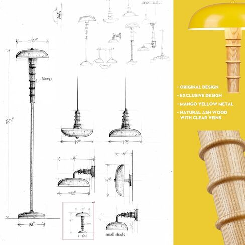 Solid Wood Floor lamp for Living Room,Morden Farmhouse Standing Floor lamp for Bedroom,Mango Yellow Metal,Exclusive Unique Design,Fabric Black Cable with footswitch Switch,ETL Listed in Saudi Arabia