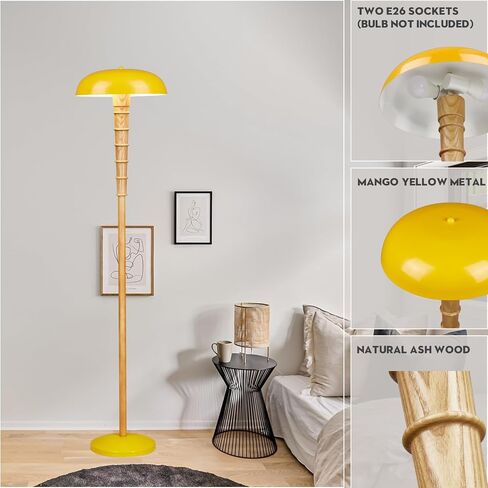 Solid Wood Floor lamp for Living Room,Morden Farmhouse Standing Floor lamp for Bedroom,Mango Yellow Metal,Exclusive Unique Design,Fabric Black Cable with footswitch Switch,ETL Listed in Saudi Arabia