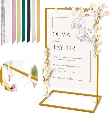 Wedding Welcome Sign Stand, 50"x30"x 20" Heavy Duty Easel Stand for Sign with 8 Pair Satin Ribbon, Welcome to Our Wedding Sign Holder, Metal Floor Standing Easels for Signs, Poster (Black) in Kuwait
