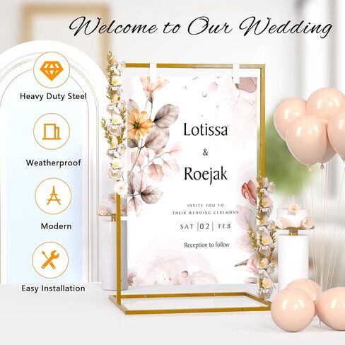 Wedding Welcome Sign Stand, 50"x30"x 20" Heavy Duty Easel Stand for Sign with 8 Pair Satin Ribbon, Welcome to Our Wedding Sign Holder, Metal Floor Standing Easels for Signs, Poster (Black) in Kuwait