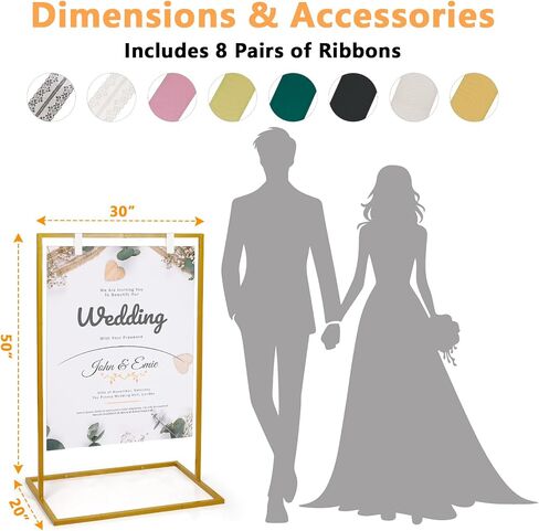 Wedding Welcome Sign Stand, 50"x30"x 20" Heavy Duty Easel Stand for Sign with 8 Pair Satin Ribbon, Welcome to Our Wedding Sign Holder, Metal Floor Standing Easels for Signs, Poster (Black) in Kuwait