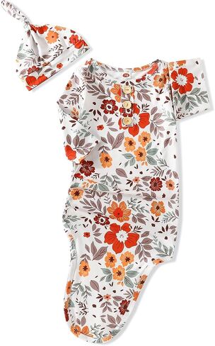 Newborn Baby Girls Boys Cotton Sleeper Gown Infant Knotted Gown Hat Set … (White) in Saudi Arabia