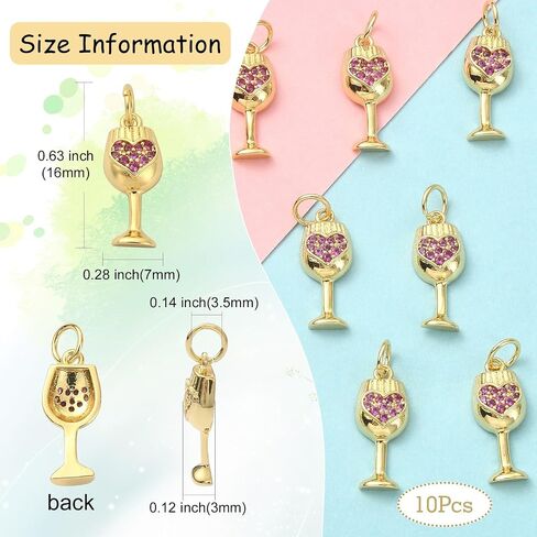 Liqunsweet 10 PCS Cubic Zirconia Sweet Heart Wineglass Charm Red Wine Glass Cup Cup Cup For Jewelry Making in Kuwait