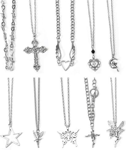 10 Pcs Y2k Necklace Set for Women, Goth Grunge Accessories Jewelry Necklaces, Gothic Cross Fairy Thorns Gothic Angel Heart Feather Star Butterfly Emo Vintage Silver Pendant Necklace in Kuwait