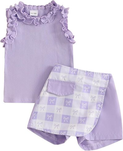 Toddler Baby Girl Summer Clothes Solid Sleeveless Ruffle Tank Top and Striped Short Set Newborn Infant Girl Outfits in Kuwait