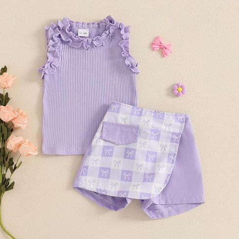 Toddler Baby Girl Summer Clothes Solid Sleeveless Ruffle Tank Top and Striped Short Set Newborn Infant Girl Outfits in Kuwait