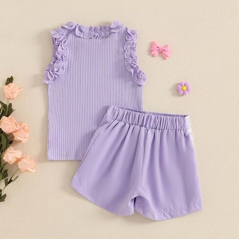Toddler Baby Girl Summer Clothes Solid Sleeveless Ruffle Tank Top and Striped Short Set Newborn Infant Girl Outfits in Kuwait