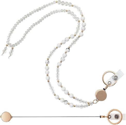16.5" Natural Stone Lanyards for Id Badges with 14" Retractable Badge Reel - Beaded Teacher Lanyards for Women in Saudi Arabia