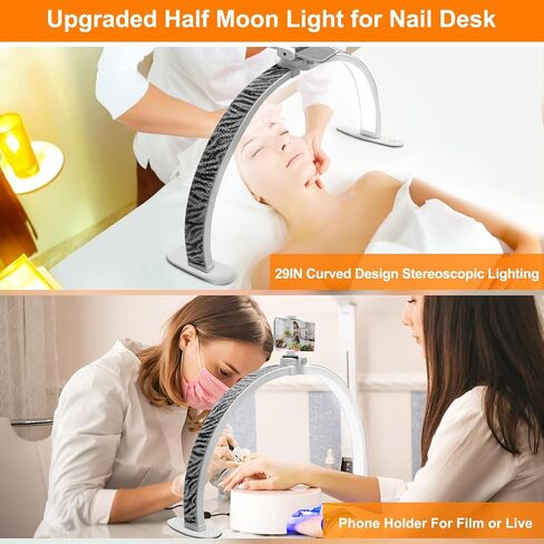 ANRUI Half Moon Light with Phone Holder, 29In 38W Half Moon Light for Nail Desk, 10 Adjustable Brightness and 3 Color Temperature Lash Light Led Nail Tech for Eyelash Tech, Nails, Tattoos, Beauty in Kuwait