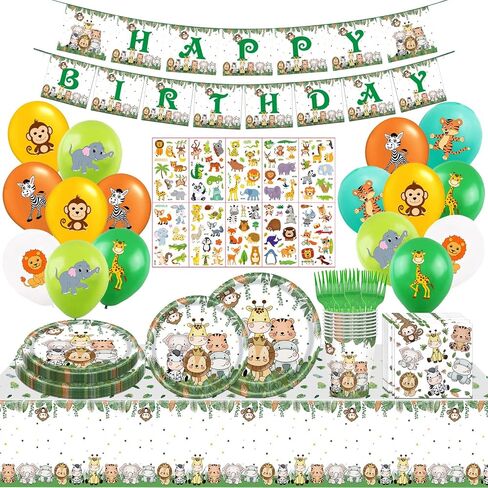 108Pcs Safari Animal Birthday Party Supplies Jungle Animal Birthday Decorations for Boys Girls Safari Jungle Party Tableware Set Animal Paper Plates Cups Napkins Balloons Tablecloth Banner Serve 16 in Saudi Arabia