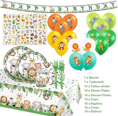 108Pcs Safari Animal Birthday Party Supplies Jungle Animal Birthday Decorations for Boys Girls Safari Jungle Party Tableware Set Animal Paper Plates Cups Napkins Balloons Tablecloth Banner Serve 16 in Saudi Arabia
