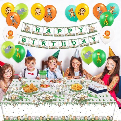 108Pcs Safari Animal Birthday Party Supplies Jungle Animal Birthday Decorations for Boys Girls Safari Jungle Party Tableware Set Animal Paper Plates Cups Napkins Balloons Tablecloth Banner Serve 16 in Saudi Arabia