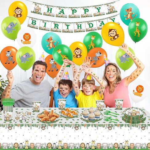 108Pcs Safari Animal Birthday Party Supplies Jungle Animal Birthday Decorations for Boys Girls Safari Jungle Party Tableware Set Animal Paper Plates Cups Napkins Balloons Tablecloth Banner Serve 16 in Saudi Arabia