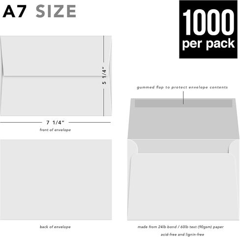 White A2 Envelopes – Perfect for 4.25 x 5.5 Greeting Cards, Wedding Invitations, Postcards, Photos | Gummed Square Flap | Bulk Pack of 1000 Envelopes | 4 3/8" x 5 3/4" in Saudi Arabia