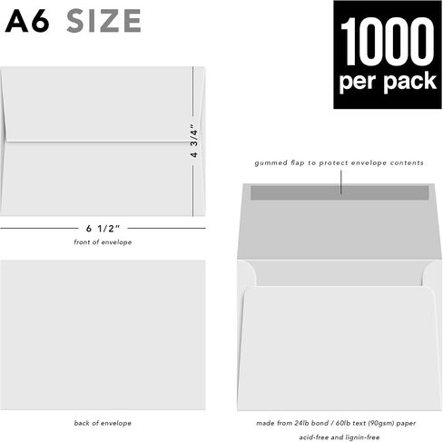 White A2 Envelopes – Perfect for 4.25 x 5.5 Greeting Cards, Wedding Invitations, Postcards, Photos | Gummed Square Flap | Bulk Pack of 1000 Envelopes | 4 3/8" x 5 3/4" in Saudi Arabia