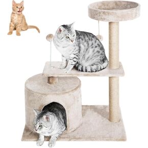 FluffyDream 31 Inch Small Cat Tree Tower for Indoor Cats, Plush Cat Tower with Large Condo, Deep Hammock and Sisal Scratching Post for Kittens, Beige