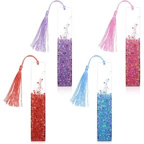 4 PCS Glitter Bookmarks for Women, Pretty Resin Bookmarks Glittering Resin Tassel Bookmarks Handmade Resin Gilt Bookmarks with Tassels for Women Girls Students Teachers Book Lovers School Home