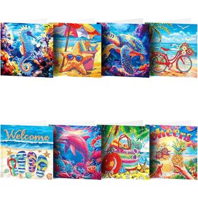 pigpigboss 8 Packs Starfish Beach Diamond Painting Greeting Card Dolphin Sea Turtle Diamond Art Kit Seaside Diamond Art Greeting Cards Welcome Painting Greeting Card Arts Crafts