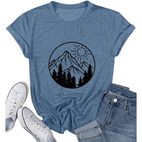 Adventure Awaits Shirts for Women Cute Sunrise Eagle Graphic Hiking T Shirts Outdoor Casual Short Sleeve Wildflower Tops