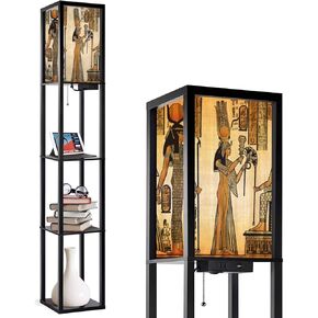 Ancient Egyptian Papyrus Stock Illustration Floor Lamp with Shelves Tall Standing Lamp Wood Standing Light Linen Shade Bedside Lamp for Living Room Bedroom Modern Home Decor