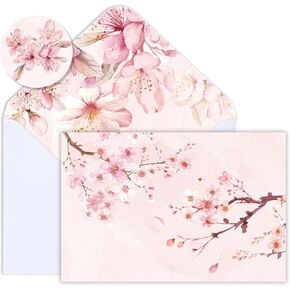 Whaline 24 Pack Cherry Blossom Greeting Cards Watercolor Floral Note Cards Pink Flower Blank Cards with Envelopes Stickers for Bridal Baby Shower Wedding Anniversary Birthday Party Supplies