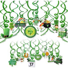 HOWAF St. Patrick's Day Decorations Hanging Swirls-30 PCS Shamrock Clover Leprechaun Horseshoe Ceiling Foil Swirls for Lucky Day Home Office Decor - Saint Patrick's Day Irish Party Supplies