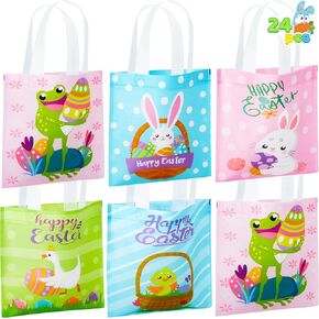 JOYIN 24 Pcs Easter Gift Bags, 8.7" x 8.7" Mini Size Creamed Tote Easter Gift Kraft Treat Goodie Bags and Basket with Handles for Egg Hunt, Party Favors
