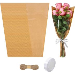 EvYoMai Flower Wrapping Bags, 60 Pack 9.4x3.5x17.7 Inches Kraft Paper Floral Packing Sleeves with Clear Front Bouquet Packaging with Ribbon and Twine for Valentine's Day, Mother's Day, Flower Bar (60)