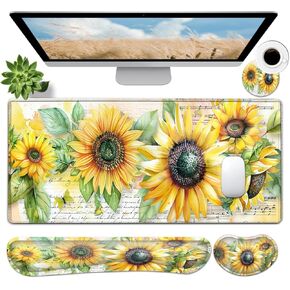 JVGFYNKL Large Gaming Mouse Pad Set, Ergonomic Memory Foam Keyboard Wrist Rest Support + Mouse Wrist Rest + Extended Desk Mat with Non-Slip Rubber Base, Sunflower 1 Patern Desk Pad