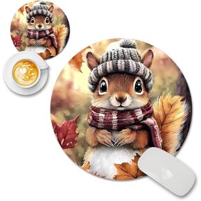 Autumn Squirrel Design Vibrant Cute Round Mouse Pad Aesthetic for Desk Accessories, Girly Mousepad Fun Office Decor Lessens The Tedium of Your Workday, Portable Mousepad for Office Gaming Travel