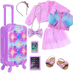Ecore Fun 23 Pcs 18 inch Girl Doll Accessories Suitcase Travel Luggage Play Set,18" Doll Travel Carrier Storage, Including Suitcase, Clothes, Shoes, Backpack, Camera, Computer, Cell Phone（No Doll）
