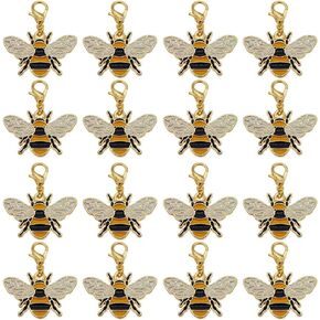 16 pcs Enamel Bee Alloy Pendant Gold Honeybee Charm with Lobster Claw Clasp Keychain Dangle DIY Bag Hanging Decor 1.18 by 1.02 inch (approx.30x26mm)
