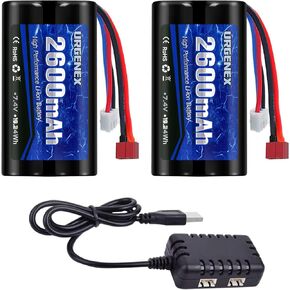 URGENEX 2600mAh 7.4 V Li-ion Battery with Deans T Plug 2S Rechargeable RC Battery Fit for WLtoys 4WD High Speed RC Cars and Most 1/10, 1/12, 1/16 Scale RC Cars Trucks with 7.4V Battery Charger