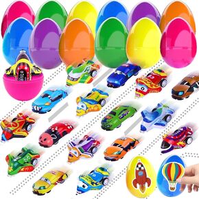 Joicee Easter Eggs مملوءة بالطائرات CA0RS للركض ، وبيض عيد الفصح البلاستيكي مع 24pcs سيارة ولعب الطائرات والوشم الممتع لصالح حفلات عيد الفصح.