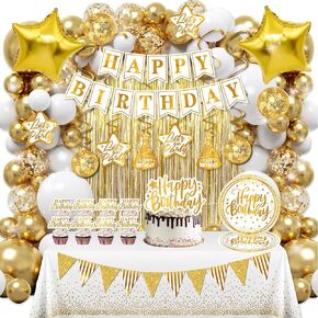 Gold Birthday Decorations for Women Men - (Total 89pcs) Gold Party Banner, Pennant, Hanging Swirl, Foil Backdrops, Balloons, Gold Birthday Decor for 10th 13th 16th 18th 21st 30th 40th 50th