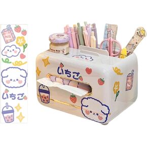 Kawaii Multi-Function Desk Organizer Tissue Cover Cover Cute Pen Pency حامل قلم رصاص لطيف حاوية حامل الهاتف الخليوي المكتب لوازم المدرسة تخزين المكياج (أبيض)
