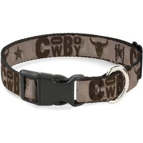 Buckle-Down Pet Collar, Dog Collar Plastic Buckle, Western Cowboy Icons Collage Tan Browns, 9.5 to 14.5 Inches 0.5 Inch Wide