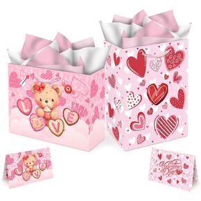 ORNACELE 2 Pack Valentines Gift Bags, 13 x 10.2 x 4.9 in, with Cards and Tissue Paper, Happy Valentines Day Paper Bags for Party