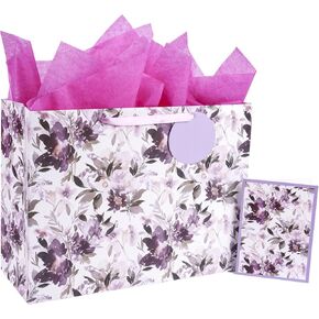 MAYPLUSS 10" Large Gift Bag with Greeting Card and Tissue Paper for Birthday/Mothers Day - Purple Butterfly