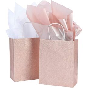 UNIQOOO 12 Pack Rose Gold Glitter Gift Bags w/ 12 Rose Gold 12 White Tissue Wrapping Paper | Kraft Paper Favor Bag for Wedding Bridal Shower Baby Shower Valentine's Day Holiday Anniversary Party