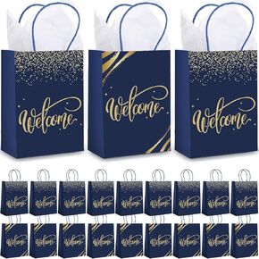 Kosiz 50 Sets Help Hift Facs Ballk with Handles and Tissue Paper مرحبًا بك في كنيستنا Kraft Paper Pass لضيوف الزفاف في فندق زائري كنيسة اللوازم حفلة عيد ميلاد (Navy Blue)