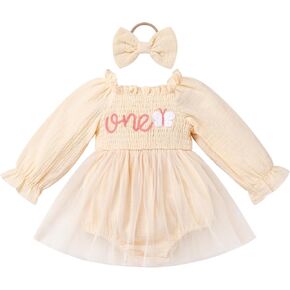 IMEKIS Baby Girl 1st Birthday Outfit Snowflake One Romper Smocked Dress Headband Long Sleeve Cake Smash Photo Shoot