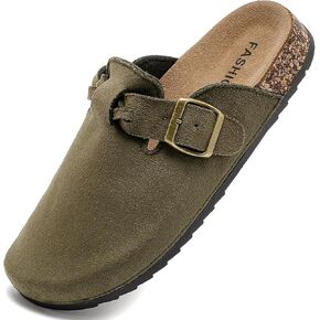 Women's Suede Clogs Mens Leather Mules Comfort Cork Footbed Sandals with Arch Support and Adjustable Buckle