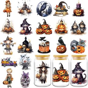 AFRITEE Transfer Cup Wraps Stickers - 20 Sheets Halloween Uvdtf Cup Wraps for 16 Glass Coffee Cups, Crow Scarecrow Pumpkin Skull Rub on Transfer Stickers Decal for Furniture Halloween Decoration in Kuwait