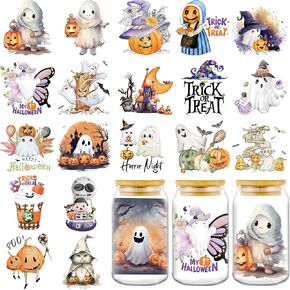 AFRITEE Transfer Cup Wraps Stickers - 20 Sheets Halloween Uvdtf Cup Wraps for 16 Glass Coffee Cups, Crow Scarecrow Pumpkin Skull Rub on Transfer Stickers Decal for Furniture Halloween Decoration