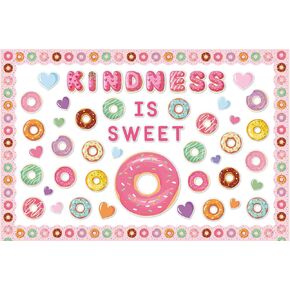 80Pcs Valentien's Day Bulletin Board Decoration Set Donut Heart Cutouts Motivational Kindness is Sweet Classroom Decorations with Bulletin Border Stickers for School Classroom Wall Decor