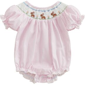 Adobabirl Baby Girl Easter Outfit Bunny Embroidery Smocked Bubble Romper Plaid Short Sleeve Bodysuit Cute Summer Clothes