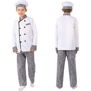 Cafele Chef Costume for Kids Chef Coat Outfit Hats Tops Pants Halloween Party Masquerade Cook Cosplay for Boys Girls